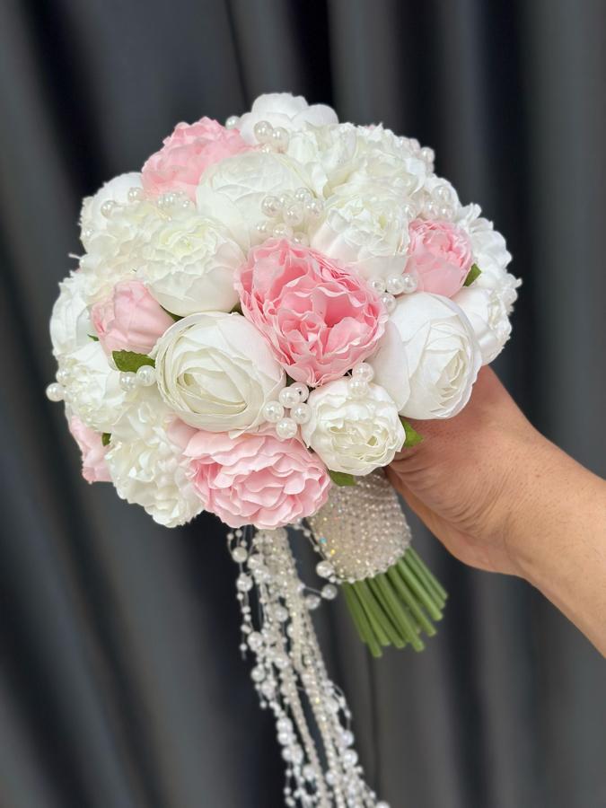 İncili şakayık pembe / beyaz aranjman buketi